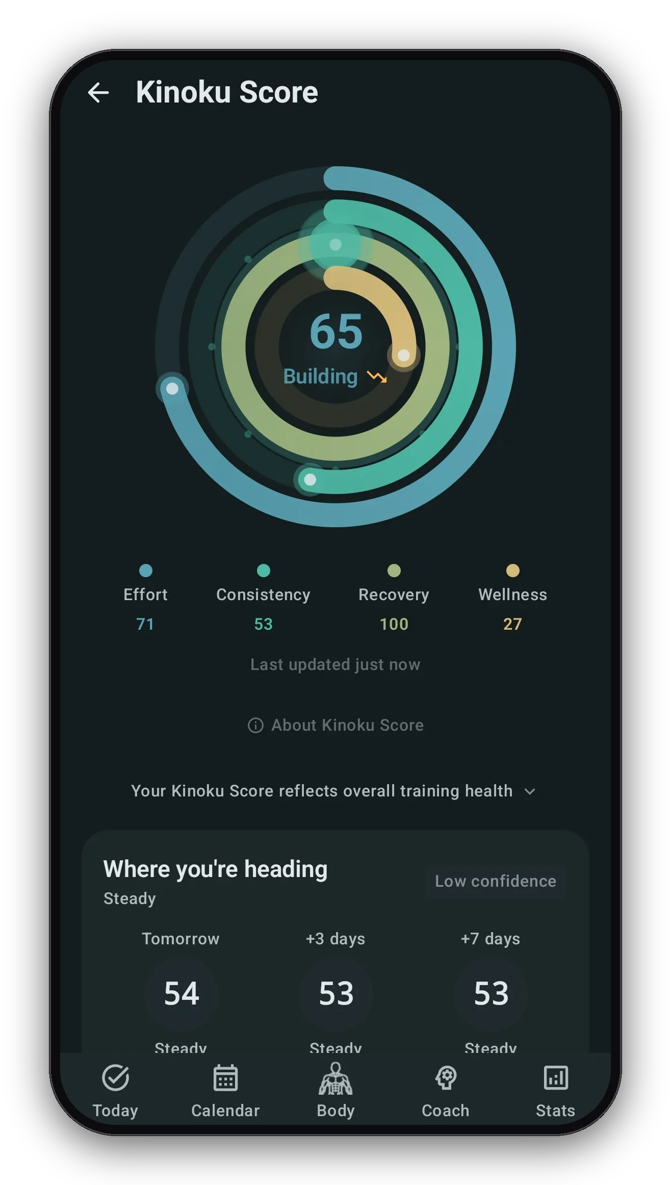 Kinoku Score: 65 Building, broken into Effort, Consistency, Recovery, and Wellness
