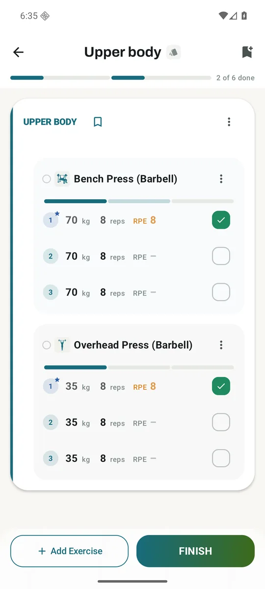 The Upper body sample session in Kinoku using Clean Inline set rows.