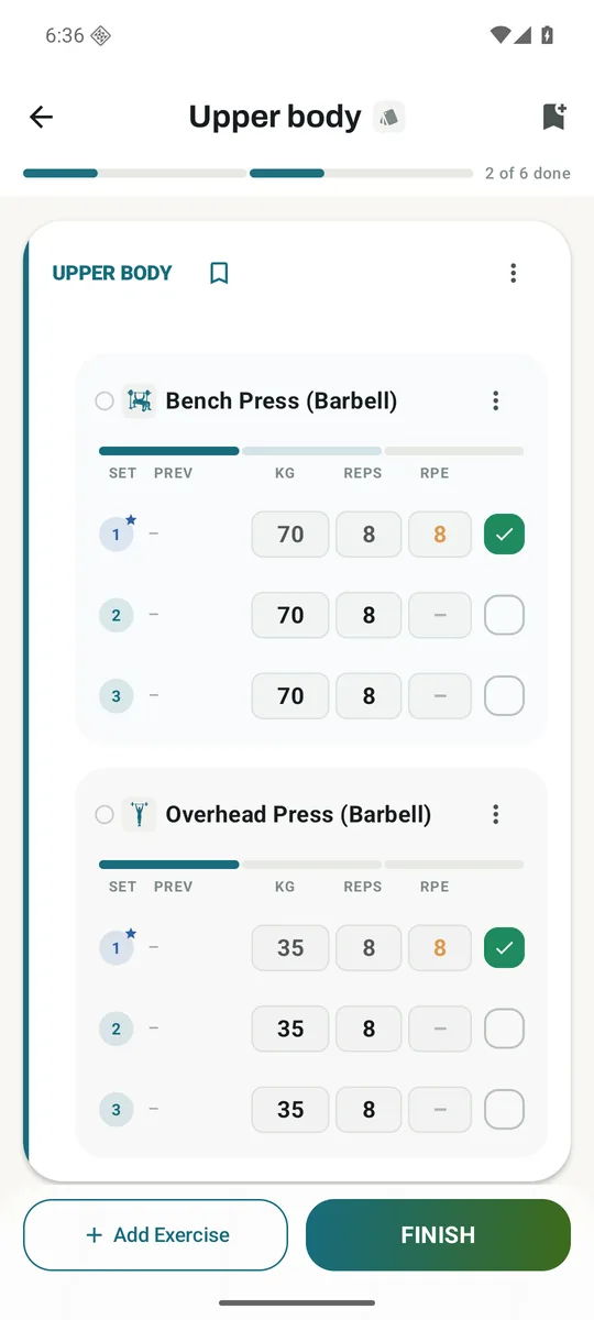 The same Upper body sample session using Tabular Grid with labeled columns.