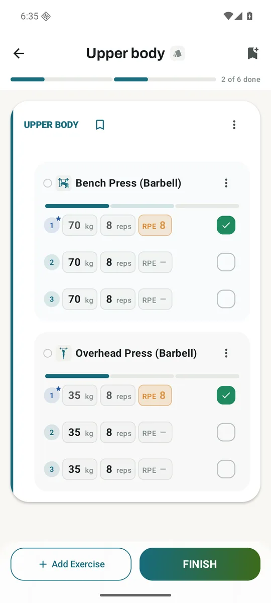 The same Upper body sample session using Compact Pills for weight, reps and effort.