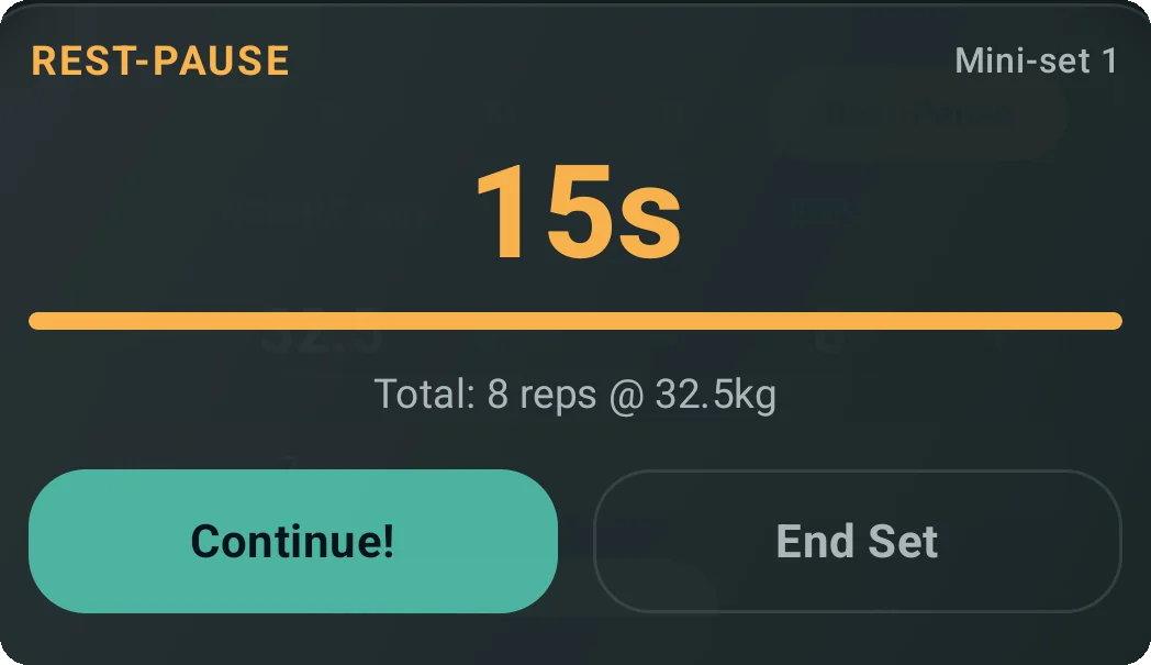 A rest-pause mini-set with a 15 second countdown and a continue button