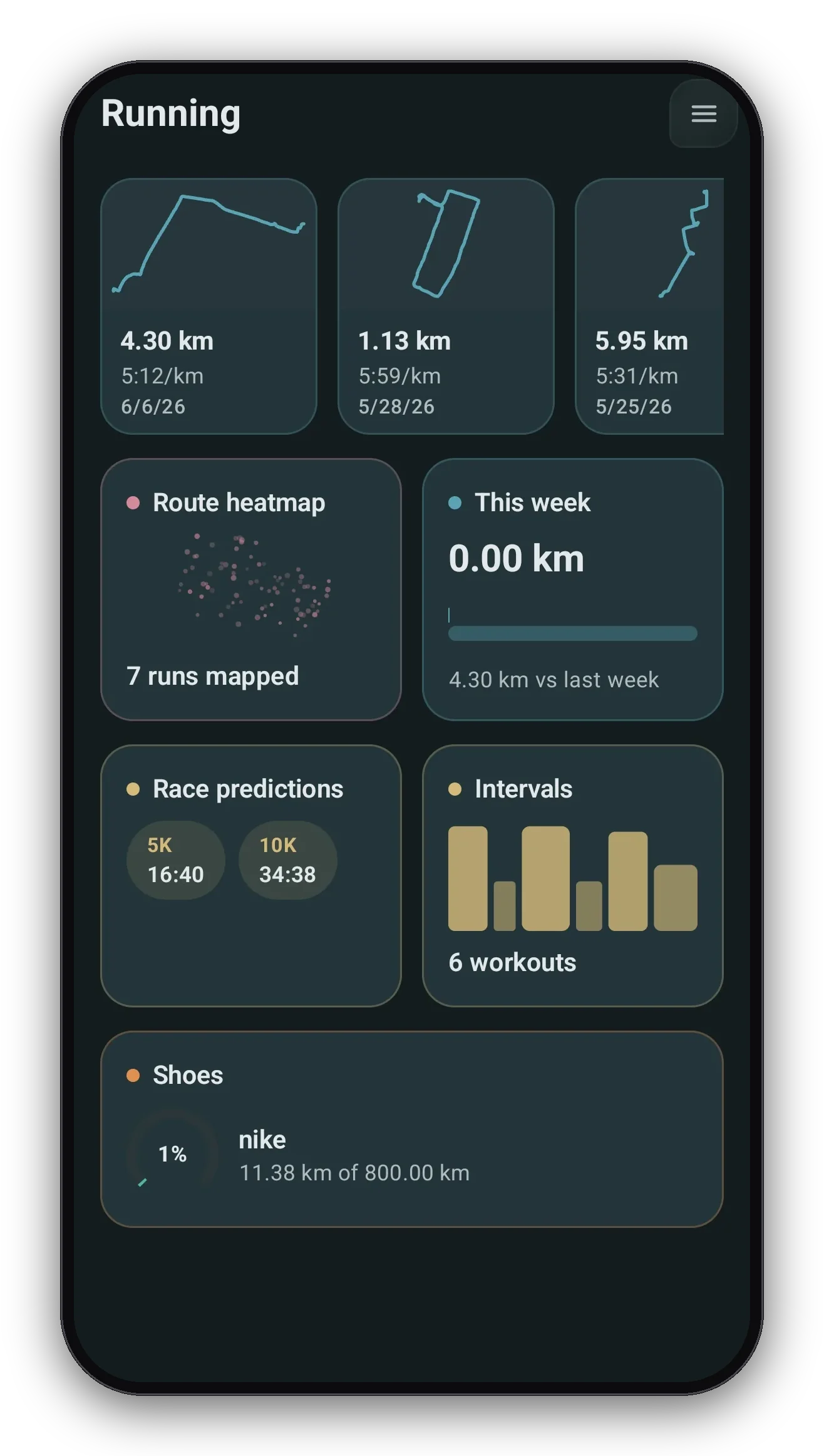 Running hub: recent runs, route heatmap, race-time estimates, and shoe mileage