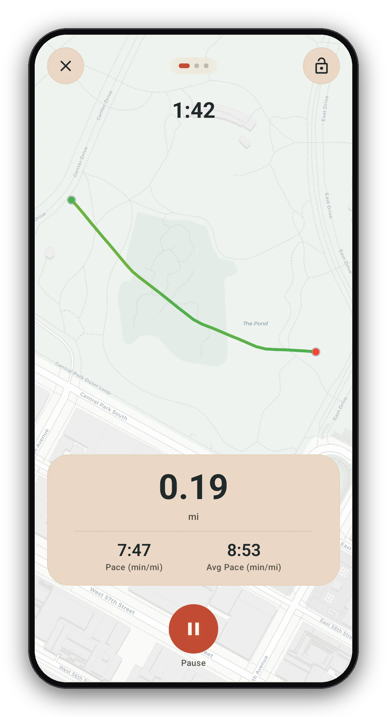 A run in progress, showing the live route on the map with distance and pace