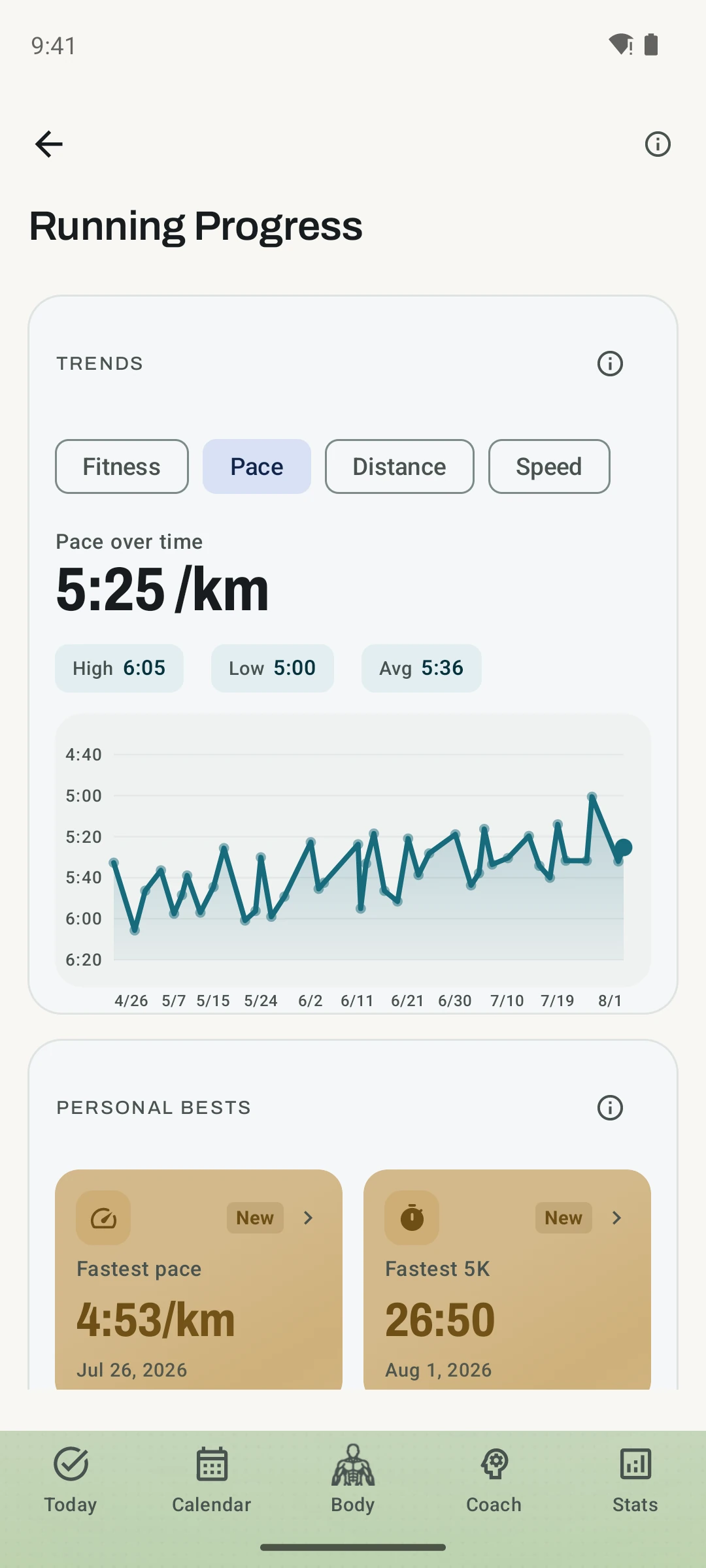 Kinoku Running Progress screen showing populated distance, pace, and frequency trends.