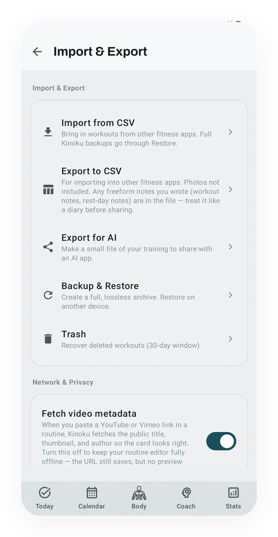 Kinoku Data and Storage settings showing local backup, restore, import, export, and deletion options.