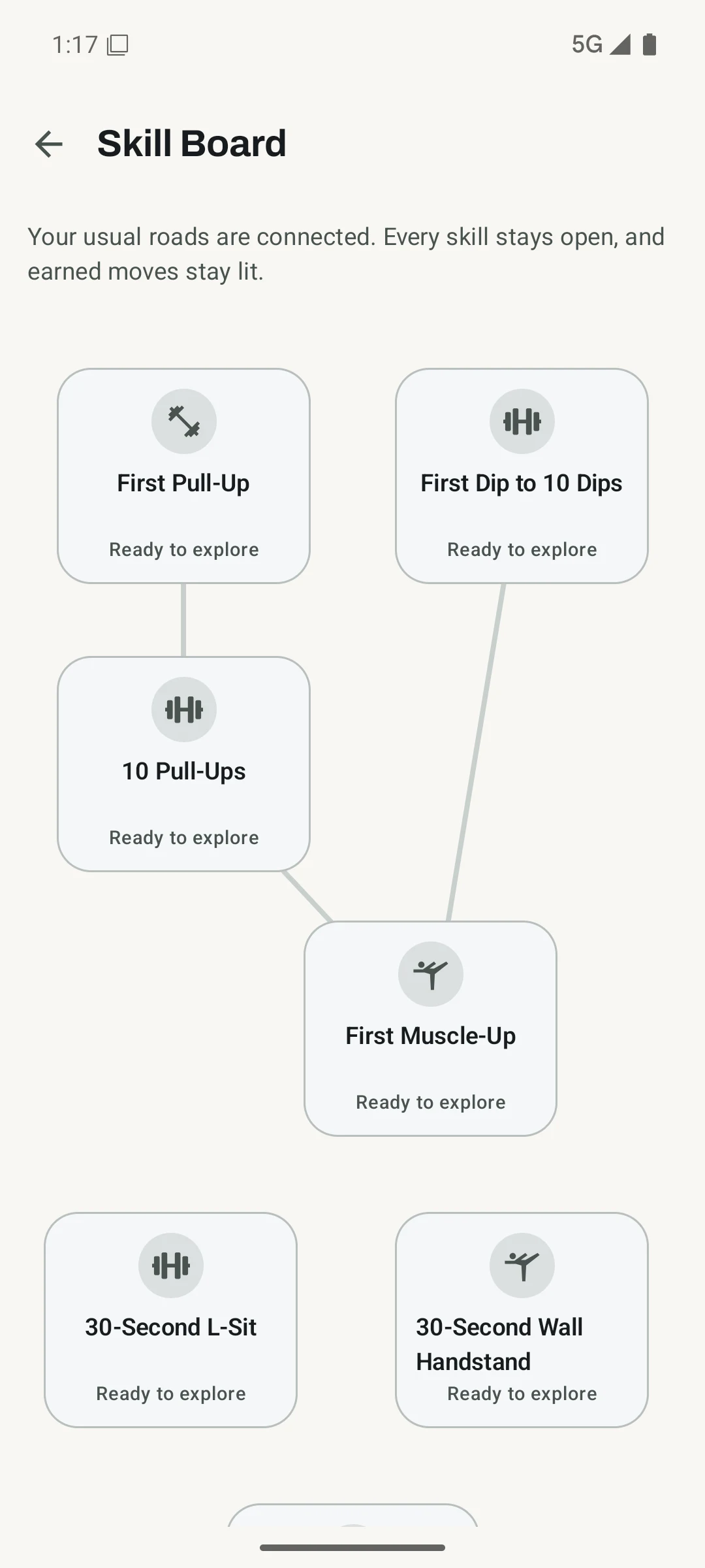 Kinoku Skill Board showing multiple bodyweight Skill Journeys and their progress states.