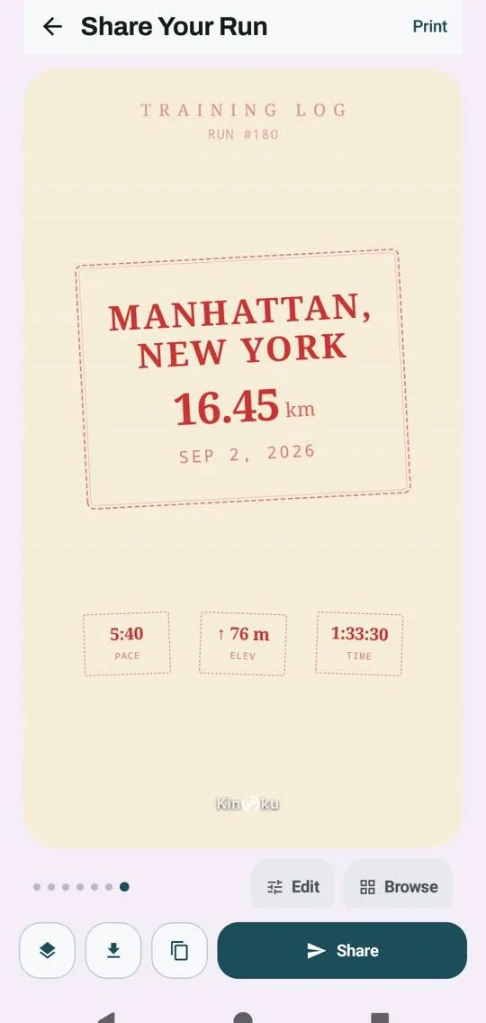 Kinoku's run print: a 16.45 km run in Manhattan, New York, as a poster with its pace, climb and time.
