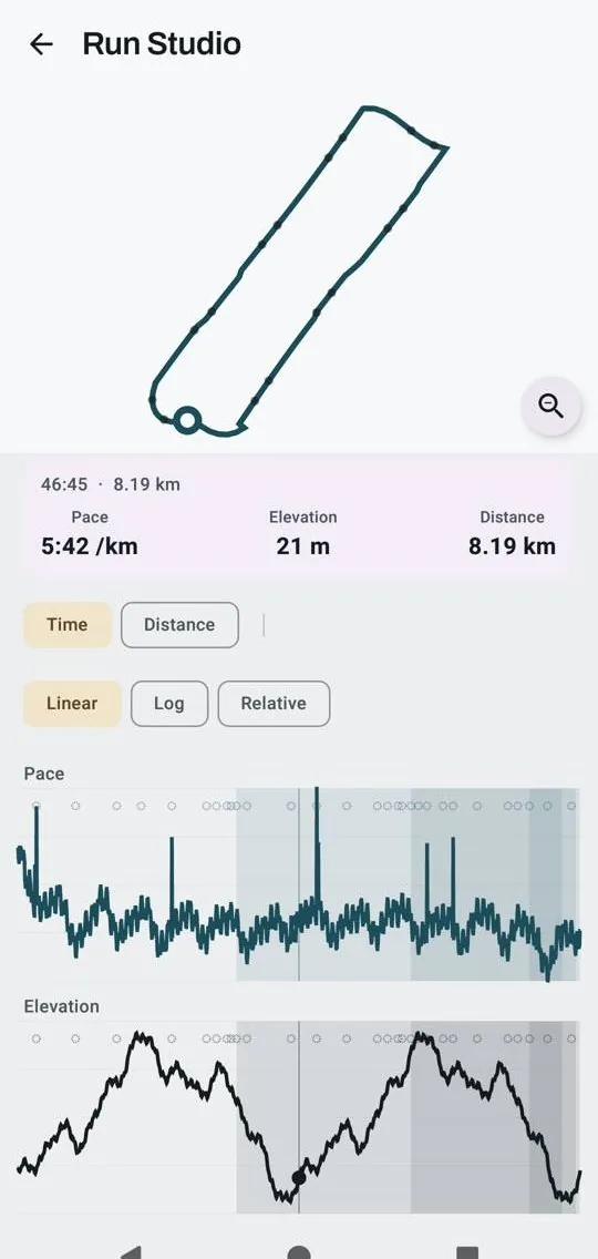 Kinoku's Run Studio: an 8.19 km route at 5:42 /km, with charts of its pace and its 21 m of climb.