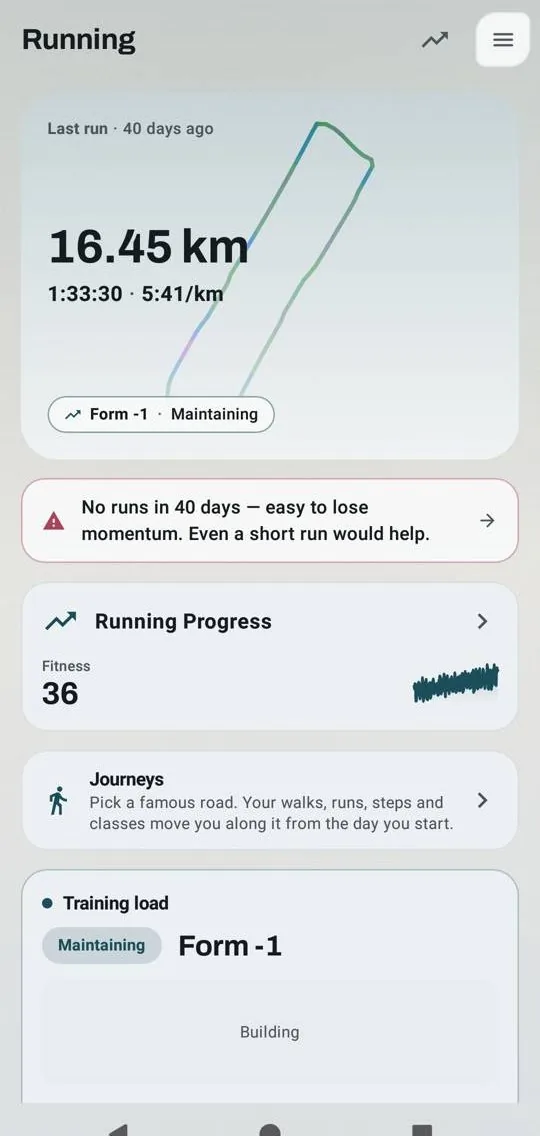 Kinoku's Running hub: the last run of 16.45 km at 5:41 /km, with Running Progress and the training load below it.