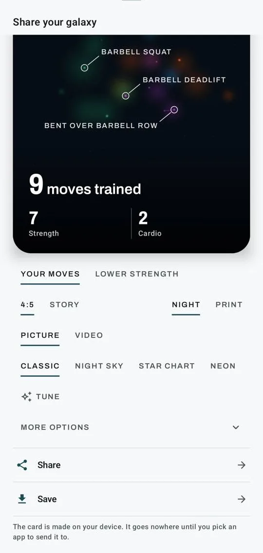 Kinoku's Share your galaxy card: 9 moves trained, 7 for strength and 2 for cardio.