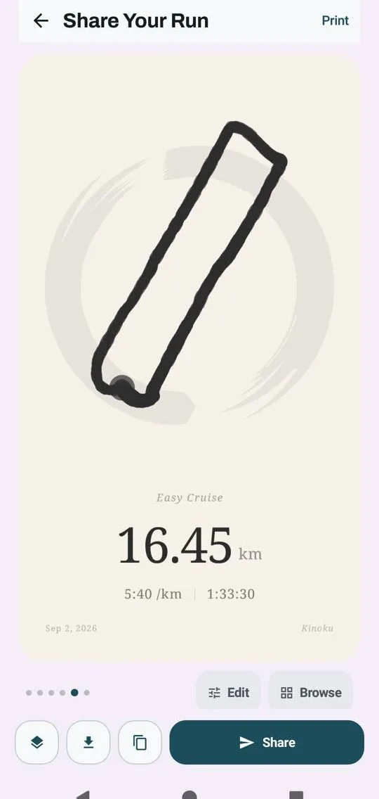 Kinoku's Share Your Run card: the route of a 16.45 km run inside a brushed ink circle, at 5:40 /km in 1:33:30.
