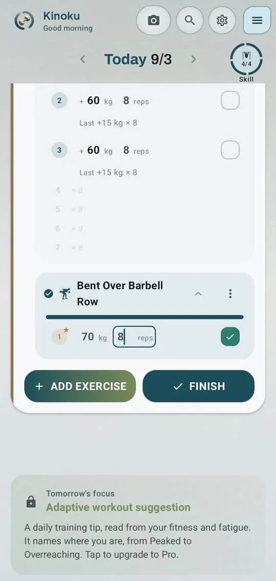 Kinoku's workout on Today: a set of Bent Over Barbell Row at 70 kg for 8 reps, ticked off as done.