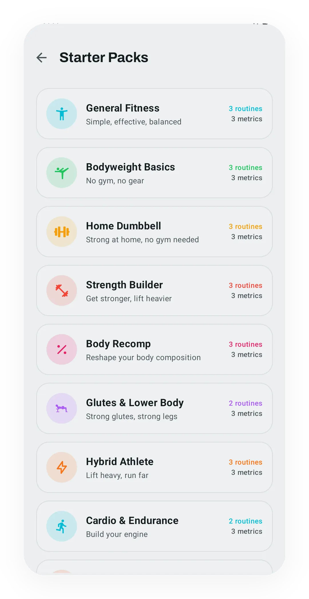 Kinoku Starter Packs screen showing several populated training packs.