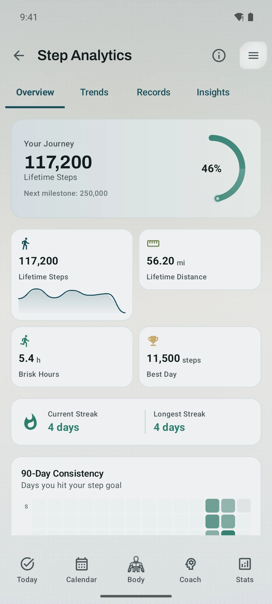 Kinoku Step Analytics overview showing 117,200 steps, distance, brisk hours, best day, streak, and a populated consistency grid.