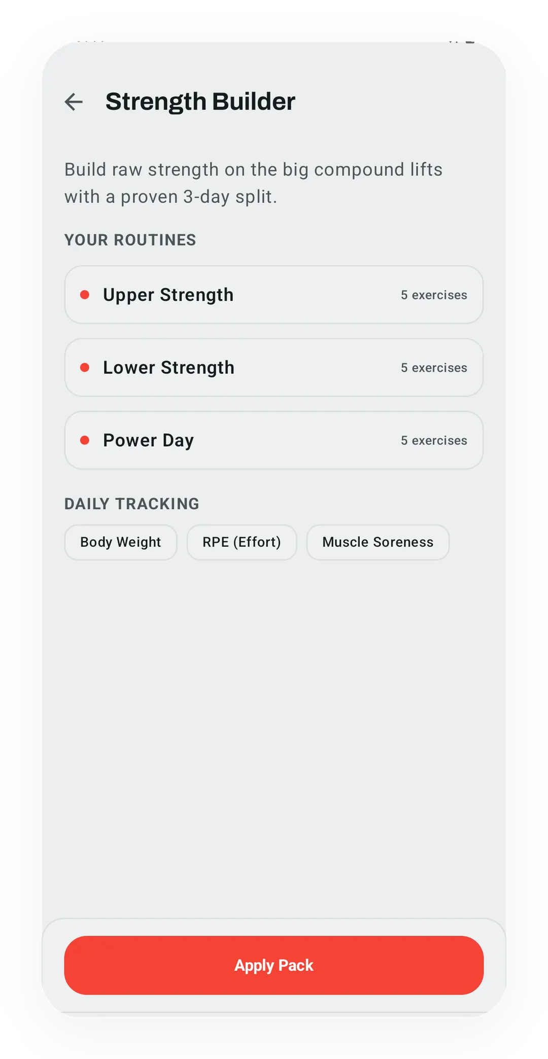 Kinoku Strength Builder pack showing a populated routine and exercise list.