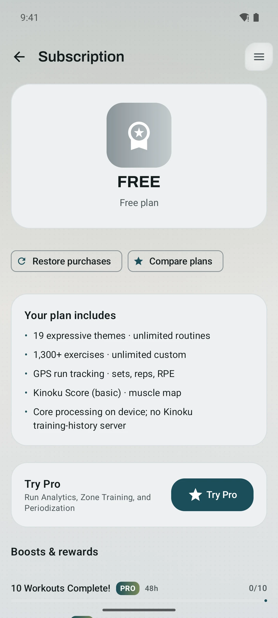 Kinoku Subscription screen showing the Free plan, included features, plan comparison actions, and boosts and rewards.