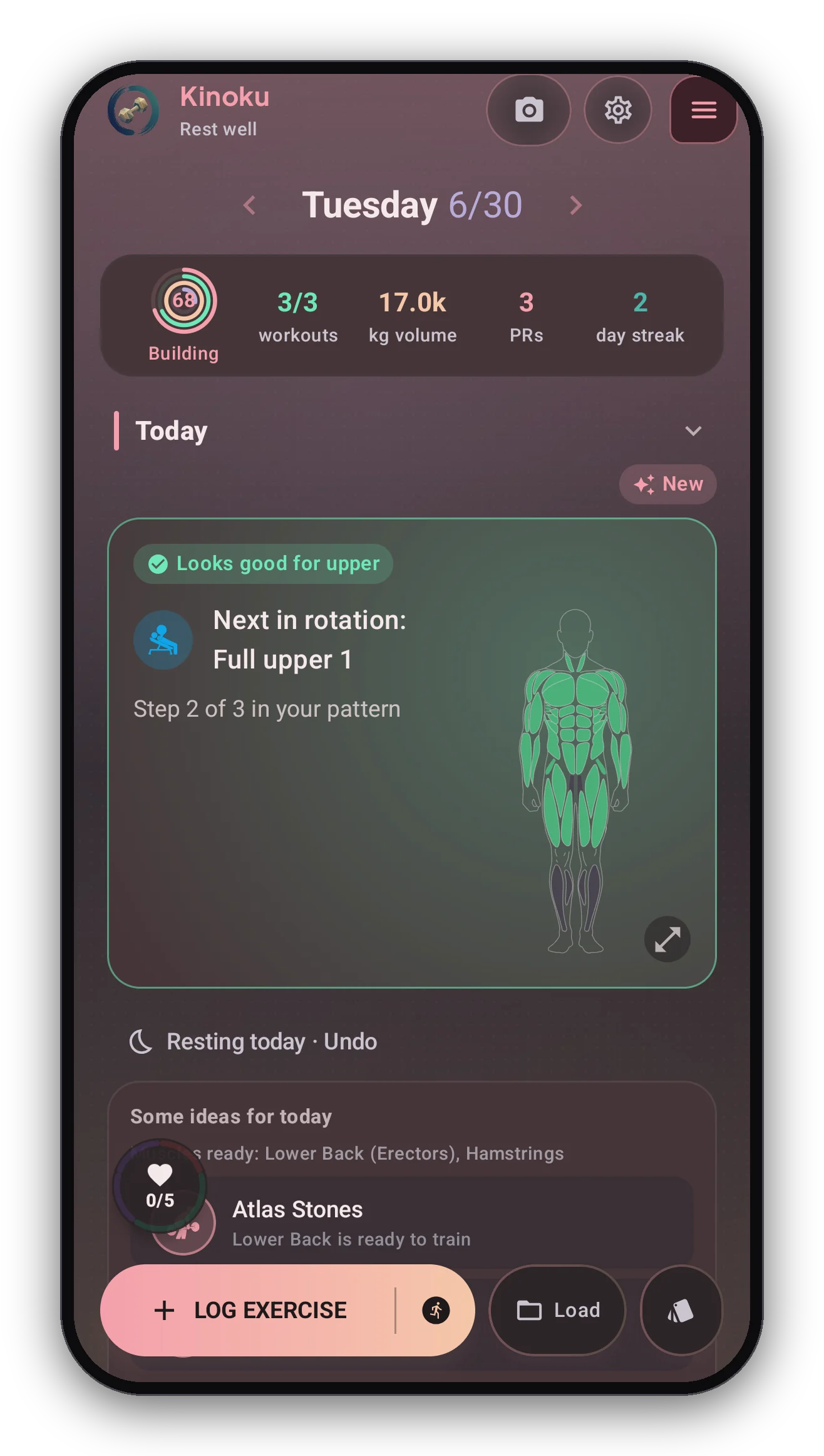 Today screen in the Blush theme, dark mode