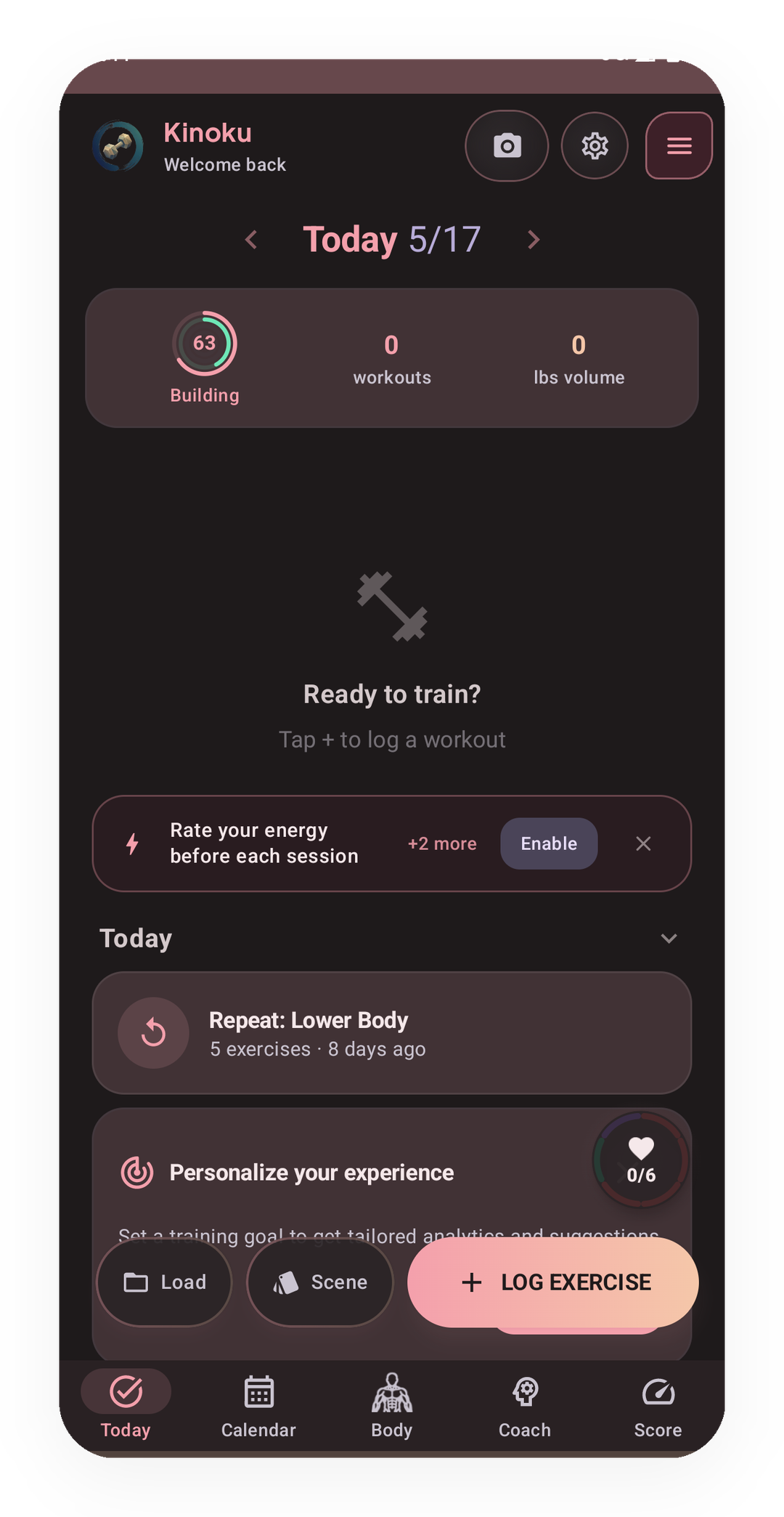 Today screen rendered in Blush theme (dark), FREE tier with 14-day history