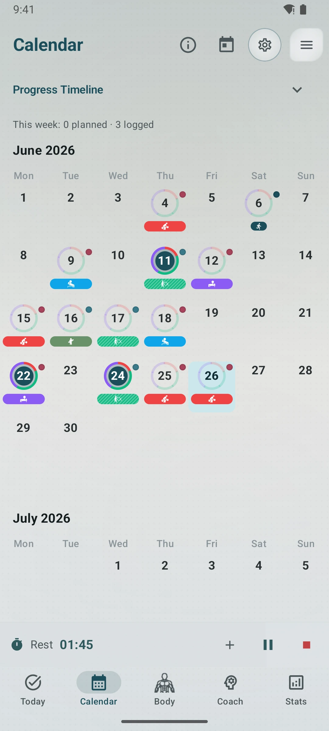 Kinoku Training Calendar showing populated planned workouts and completed activity across several weeks.