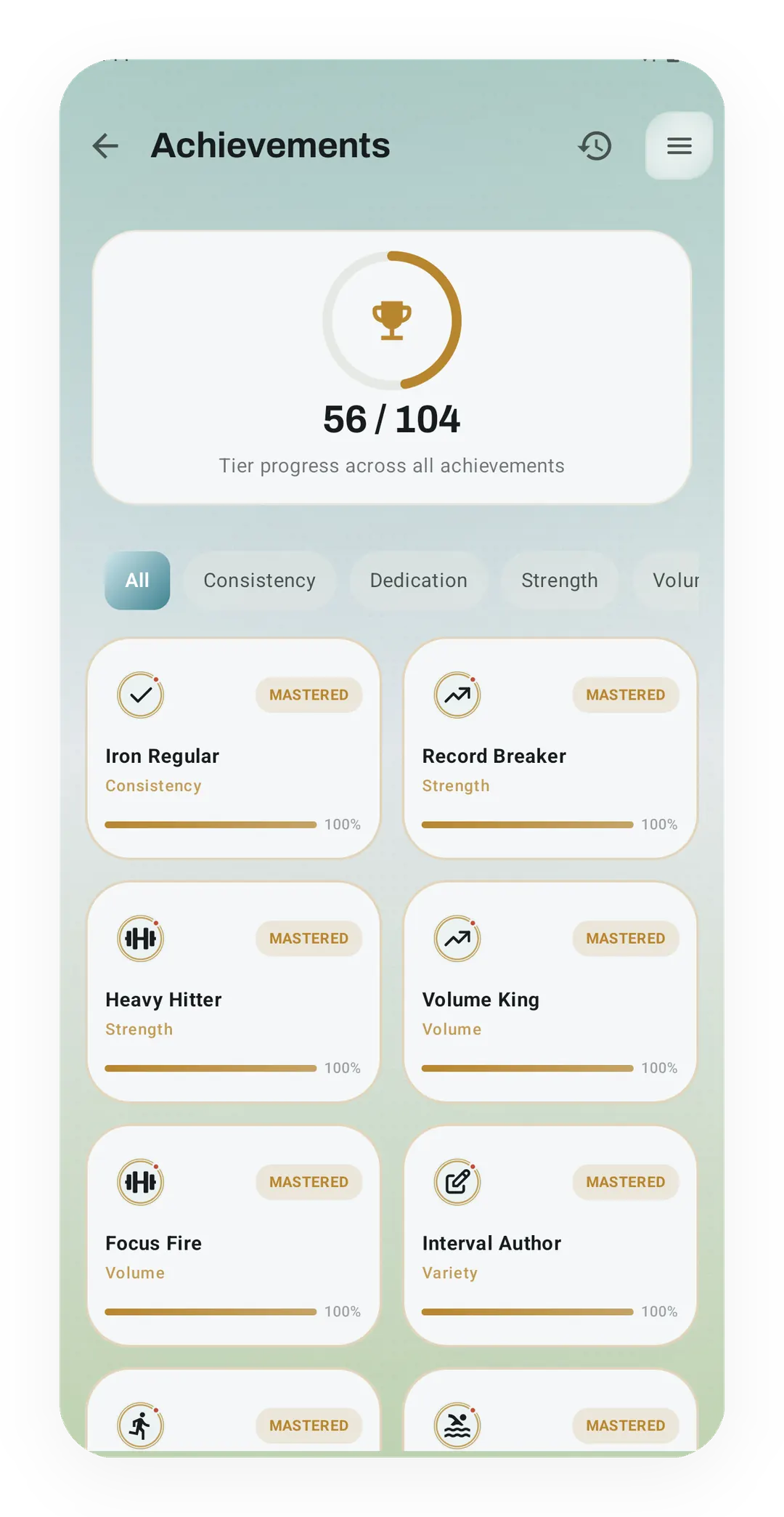 Kinoku Achievements screen at 56 of 104 tiers, with mastered badges such as Iron Regular, Record Breaker, Heavy Hitter and Volume King.