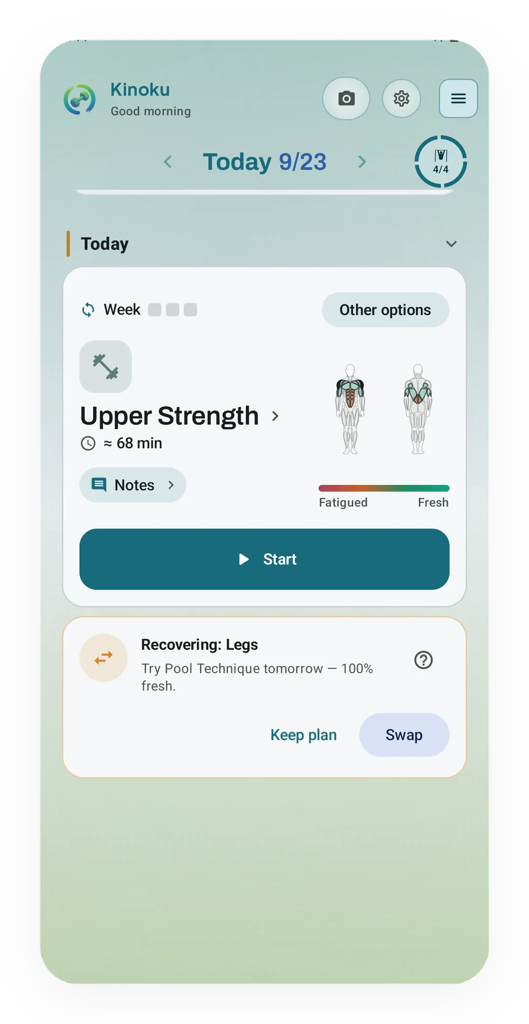 Today screen with Upper Strength planned and a swap card, Recovering: Legs, suggesting Pool Technique tomorrow at 100% fresh, with Keep plan and Swap.