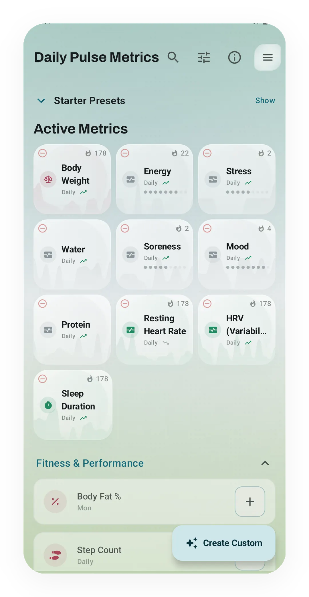 Daily Pulse Metrics screen with ten active metric cards, such as Body Weight, Energy, Water and Sleep Duration, with streak counts up to 178.
