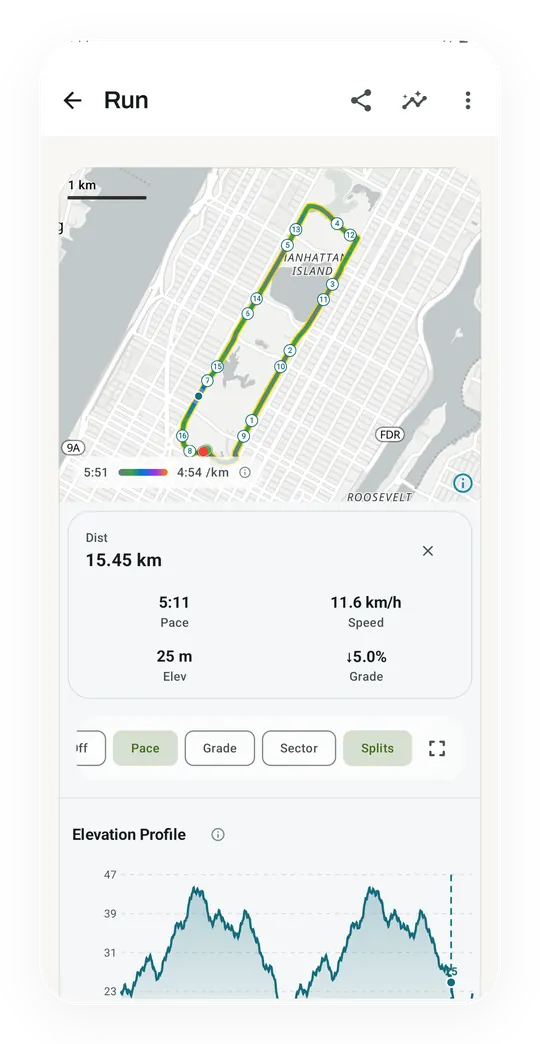 A Kinoku run record: a 15.45 km loop of Central Park colored by pace, with pace, speed and elevation below.