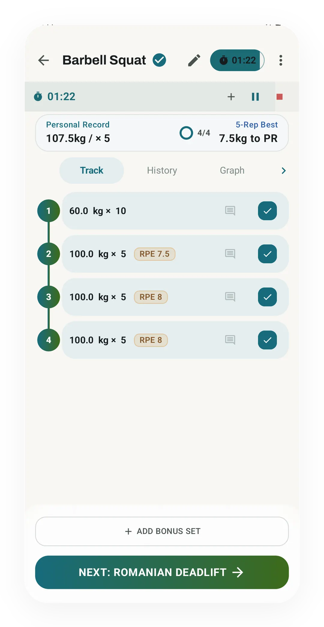 Barbell Squat in a live session: 60 kg × 10, then three 100 kg × 5 sets at RPE 7.5, 8 and 8, all ticked, with the rest timer at 01:22.