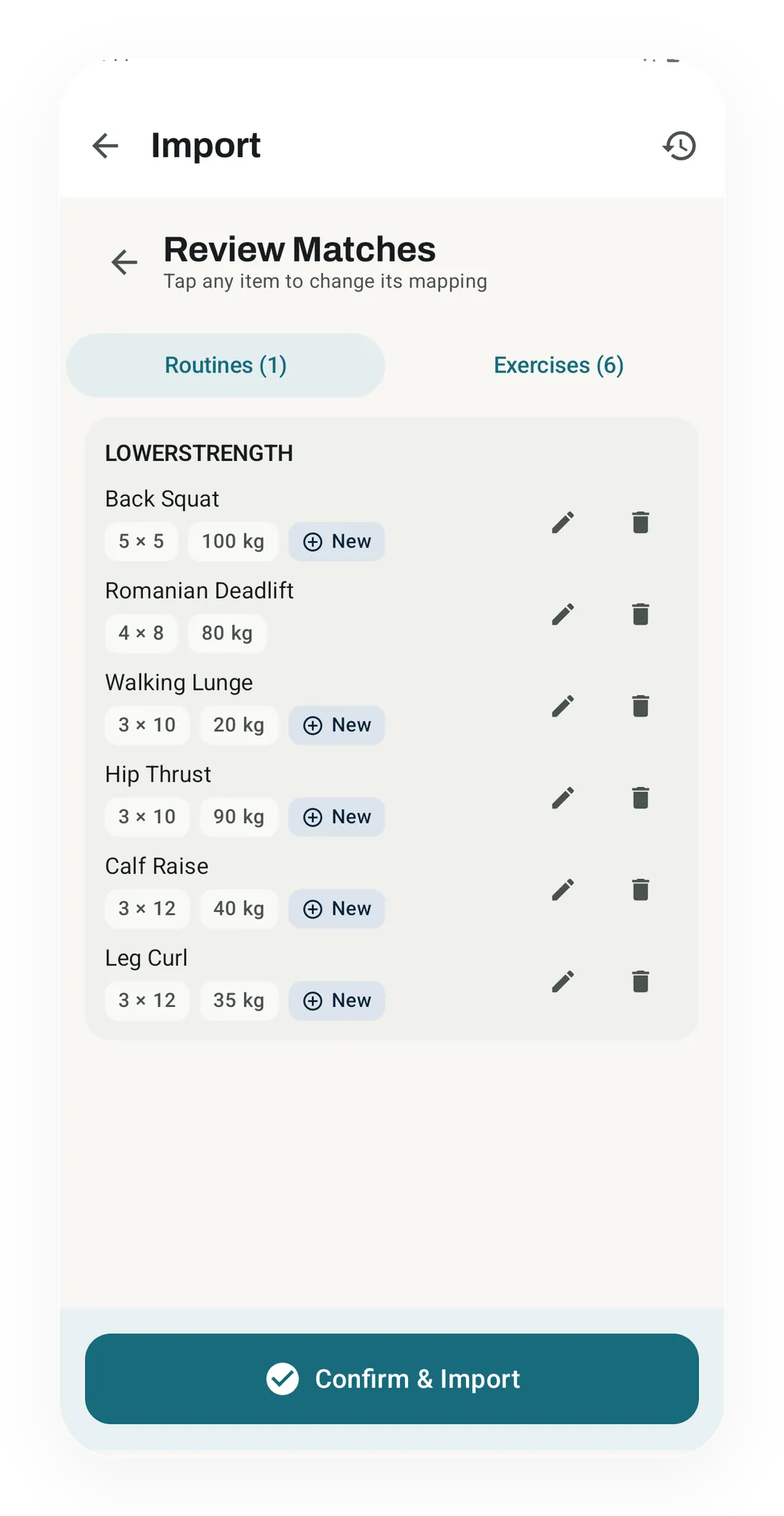 Import review of a routine read from a photo, with Back Squat 5 x 5 at 100 kg, Romanian Deadlift 4 x 8 at 80 kg and four more, five tagged New