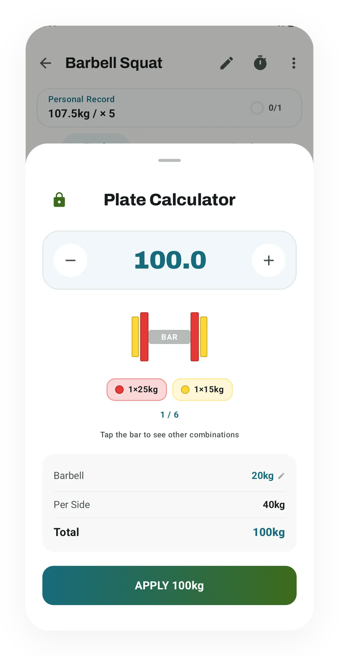 Plate Calculator for 100 kg on a 20 kg bar, with one 25 kg and one 15 kg plate per side, 40 kg a side, and an Apply 100kg button