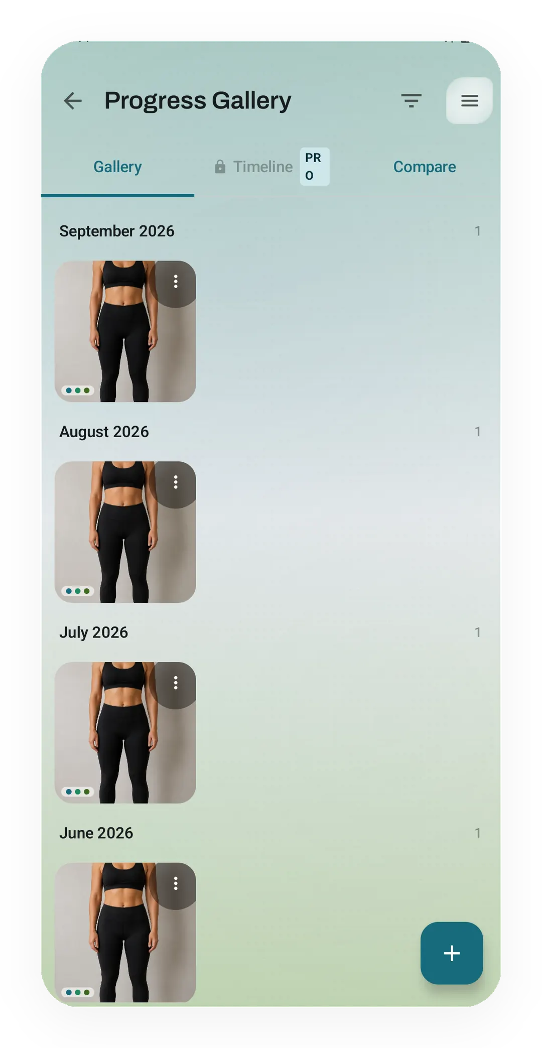 Progress Gallery tab with one progress photo each under September, August, July and June 2026, laid out month by month