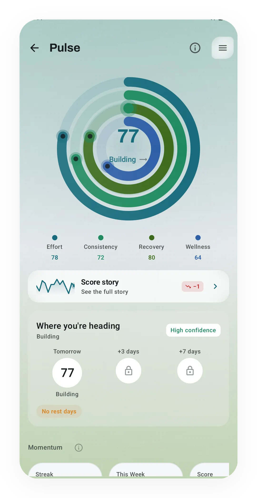 Kinoku Score screen at 77, Building, with rings for Effort 78, Consistency 72, Recovery 80 and Wellness 64, and a forecast of 77 for tomorrow