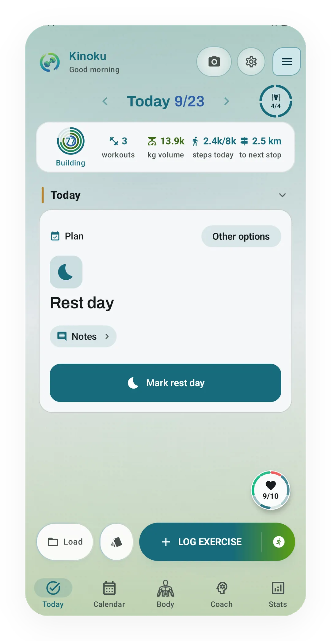 Today screen for 9/23 with the Plan card reading Rest day, a Notes link and a Mark rest day button, below a week strip of 3 workouts and 13.9k kg