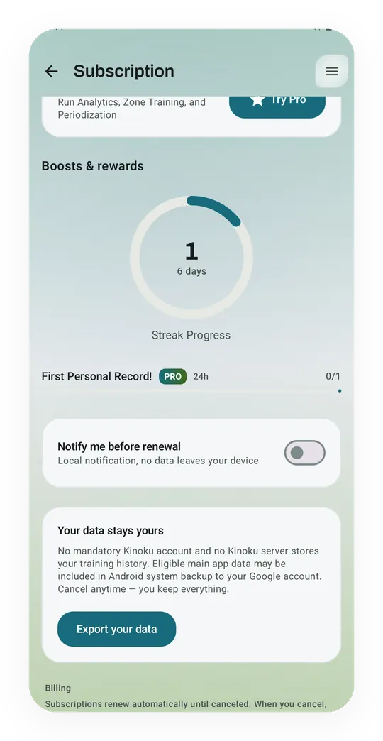 Boosts and rewards: streak progress at 1 of 6 days, and a First Personal Record reward worth 24 hours of Pro at 0 of 1.