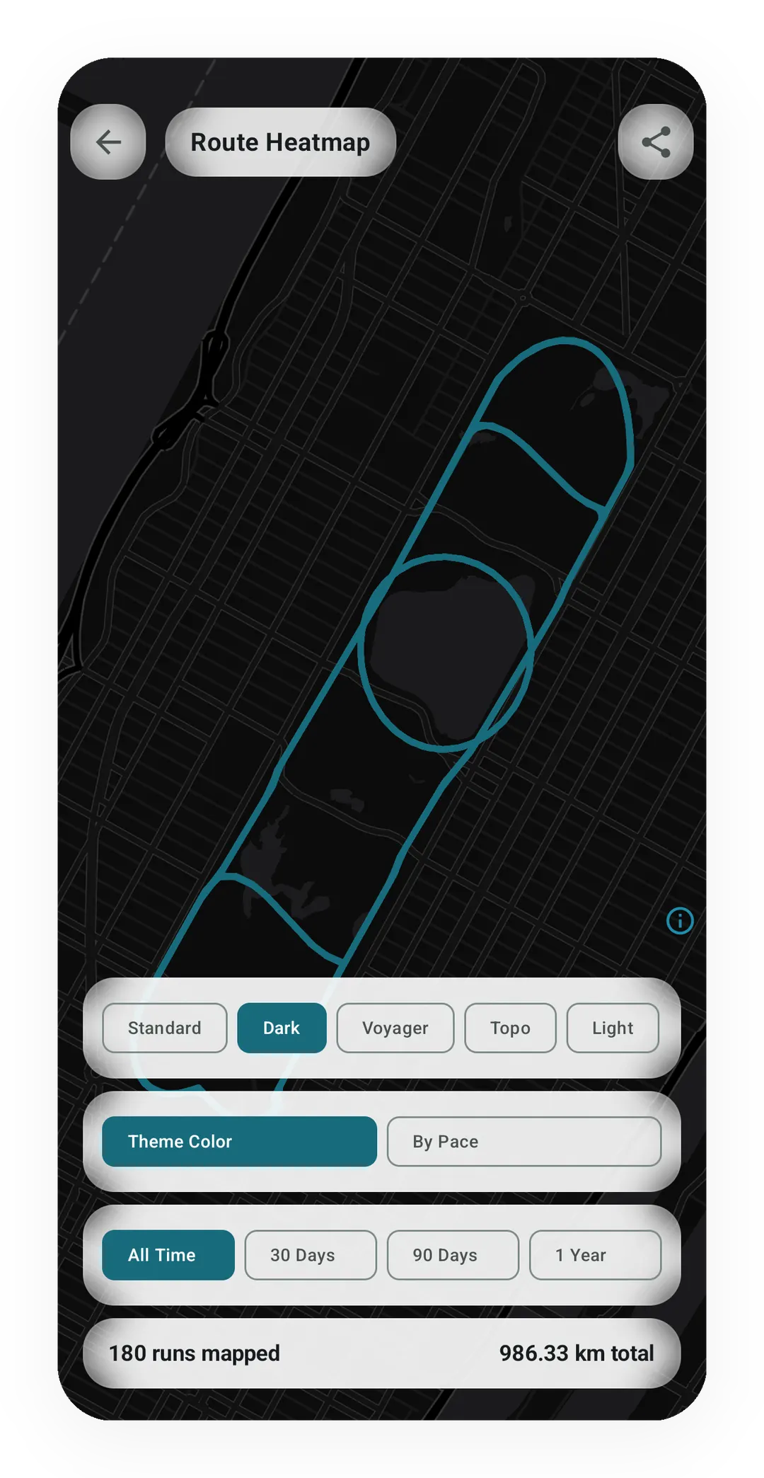 Route Heatmap in the Dark map style with 180 runs mapped and 986.33 km in total, plus All Time, 30 Days, 90 Days and 1 Year filters