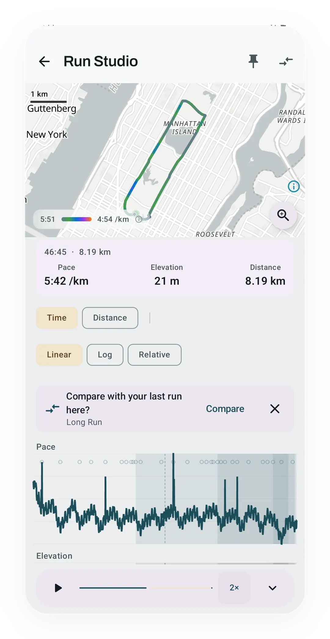 Run Studio with a pace-colored route in Manhattan, a readout of 5:42 /km at 8.19 km, the pace chart and a prompt to compare with the last Long Run