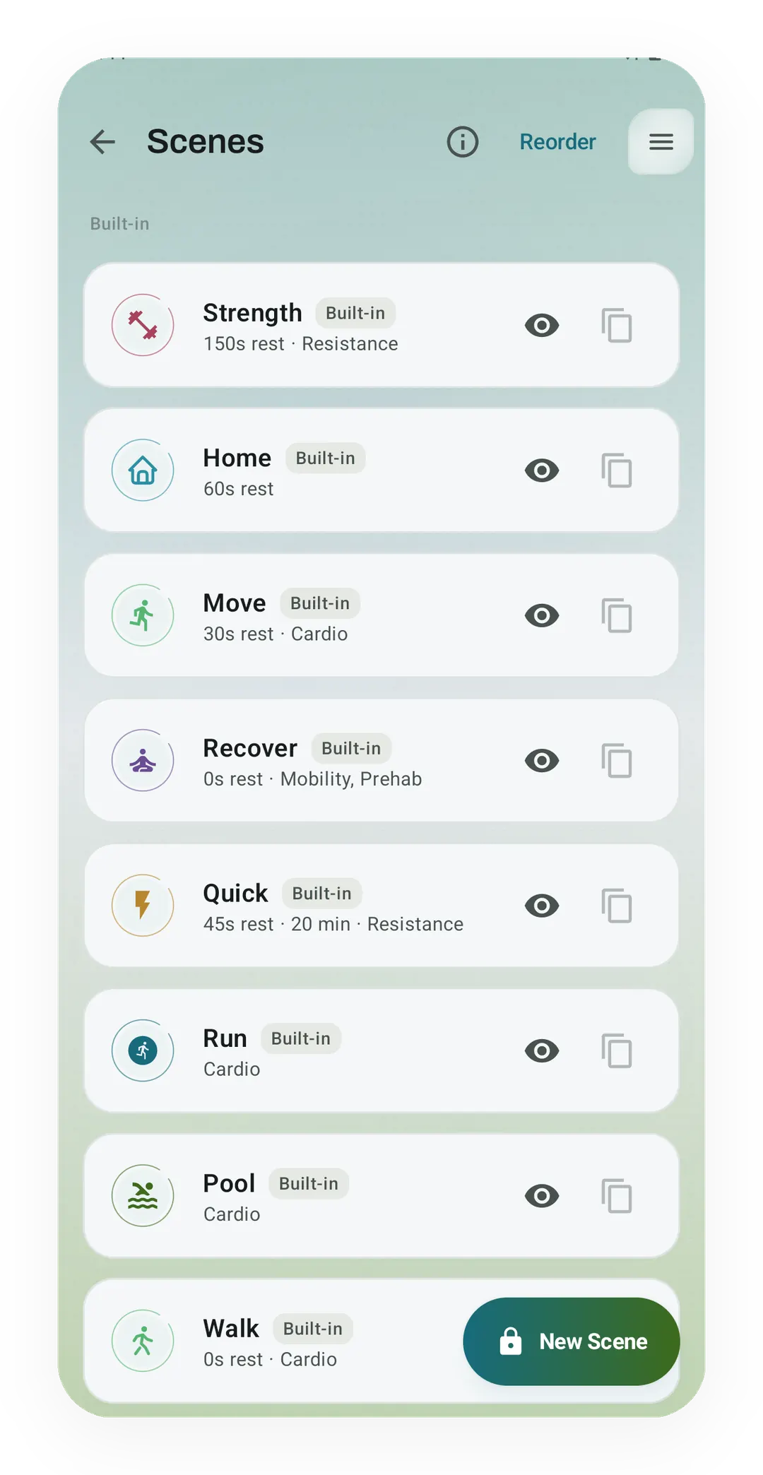 Kinoku Scenes screen with built-in Strength at 150 s rest, Home at 60 s, Move at 30 s, Recover, Quick, Run, Pool and Walk, and a locked New Scene button.