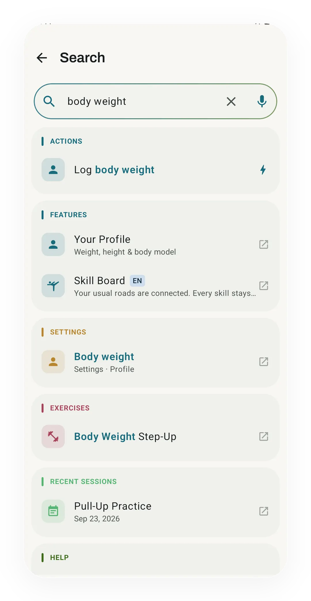 Search for 'body weight' with results under Actions, Features, Settings, Exercises and Recent sessions, led by a Log body weight action