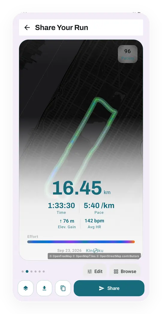 A run share card for a 16.45 km run: the route as a glowing line on a dark map, with time, pace, climb, heart rate and a pacing score of 96.