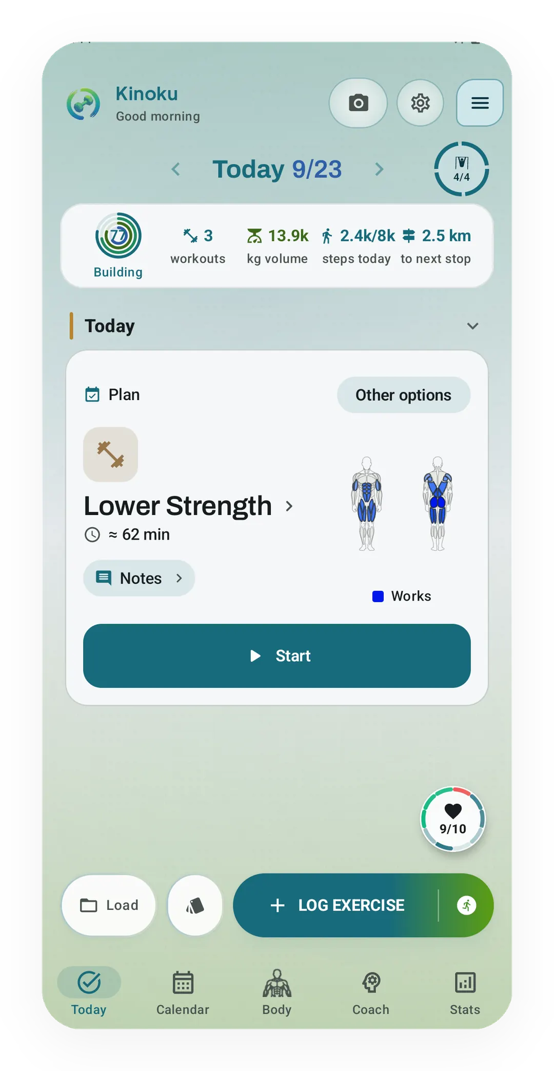 Kinoku Today tab for 9/23 with one Plan card, Lower Strength at about 62 min with a Start button, under a week strip of 3 workouts and 13.9k kg.