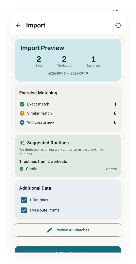 Kinoku's import preview for a file from another app, with each exercise matched to the library and a button to review every match.