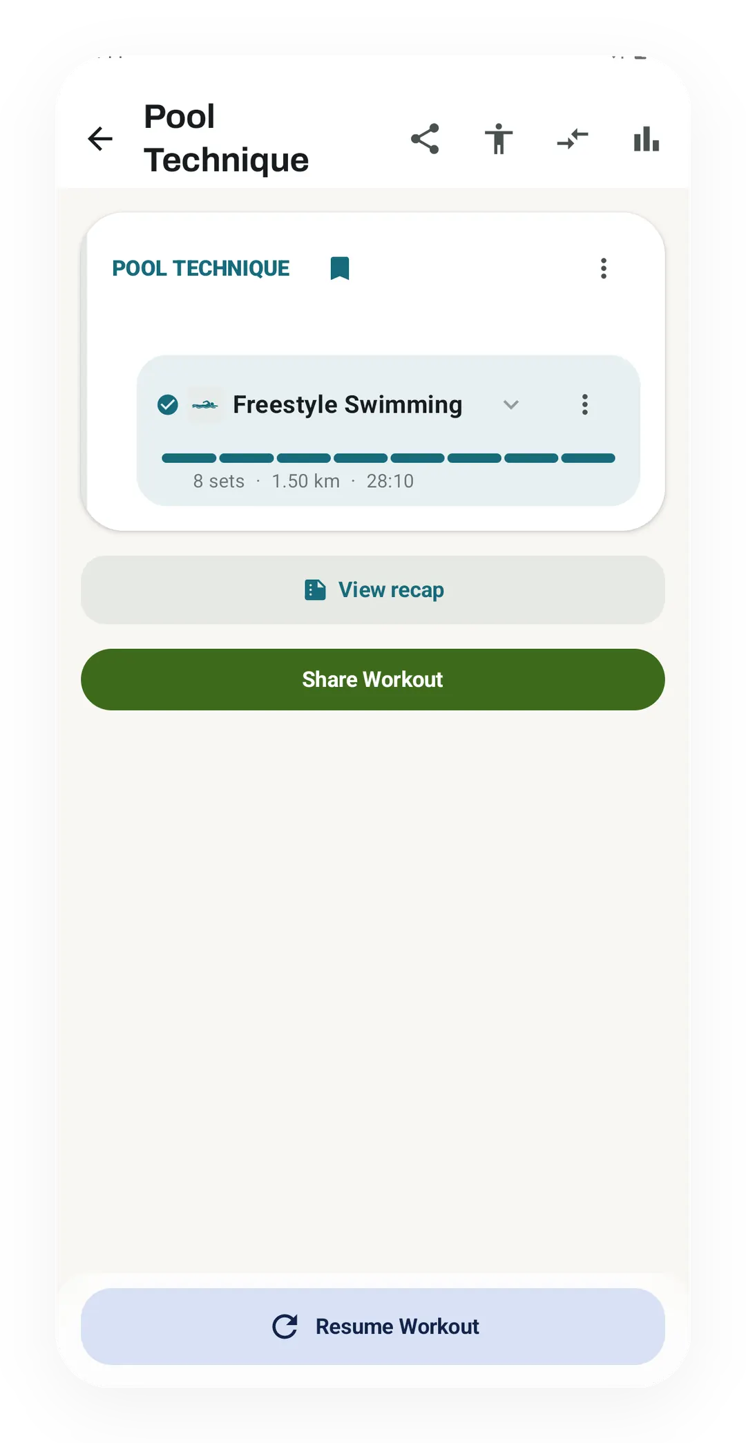 Kinoku workout Pool Technique with Freestyle Swimming logged as 8 sets, 1.50 km in 28:10, above View recap and Share Workout buttons.