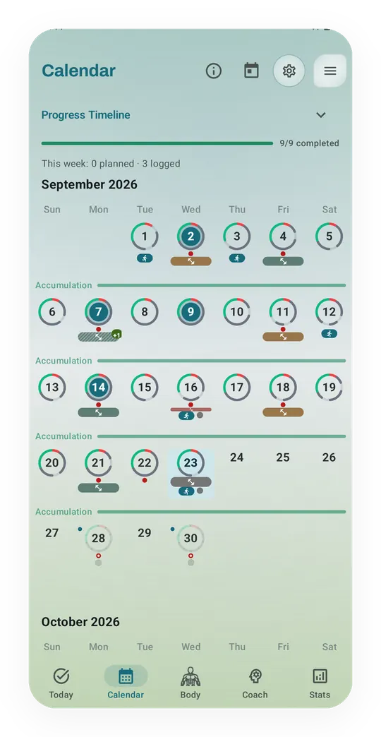 Kinoku Calendar for September 2026 with logged sessions on their days, Accumulation program weeks and a Progress Timeline at 9/9 completed.