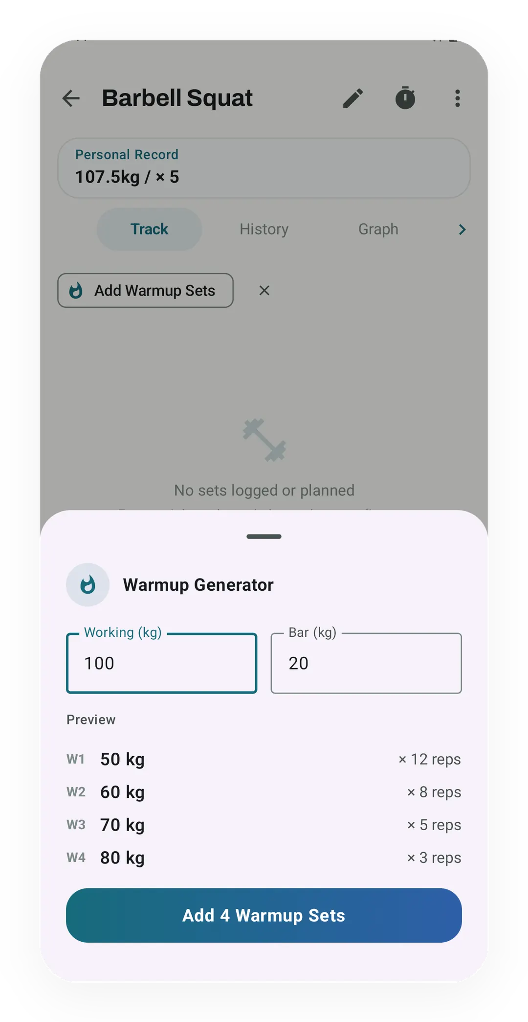 Warmup Generator for 100 kg on a 20 kg bar, previewing 50 kg x 12, 60 kg x 8, 70 kg x 5 and 80 kg x 3, with an Add 4 Warmup Sets button