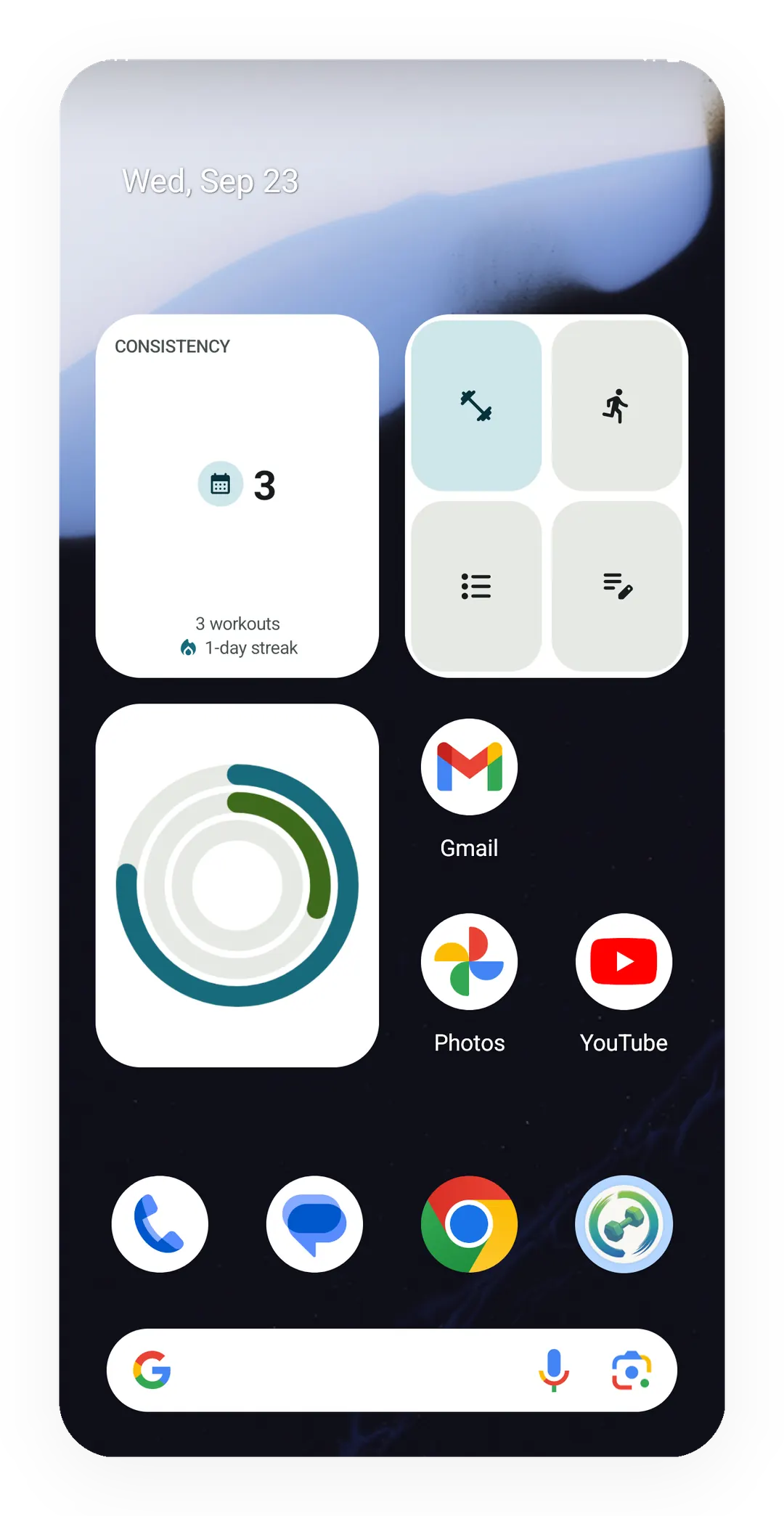 Android home screen for Wed, Sep 23 with three Kinoku widgets: Consistency at 3 workouts and a 1-day streak, four Quick Start buttons, and rings