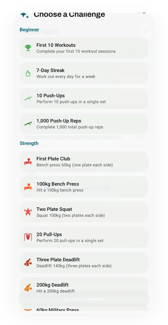The Choose a Challenge sheet with Beginner templates such as First 10 Workouts and 7-Day Streak, and Strength ones such as First Plate Club.