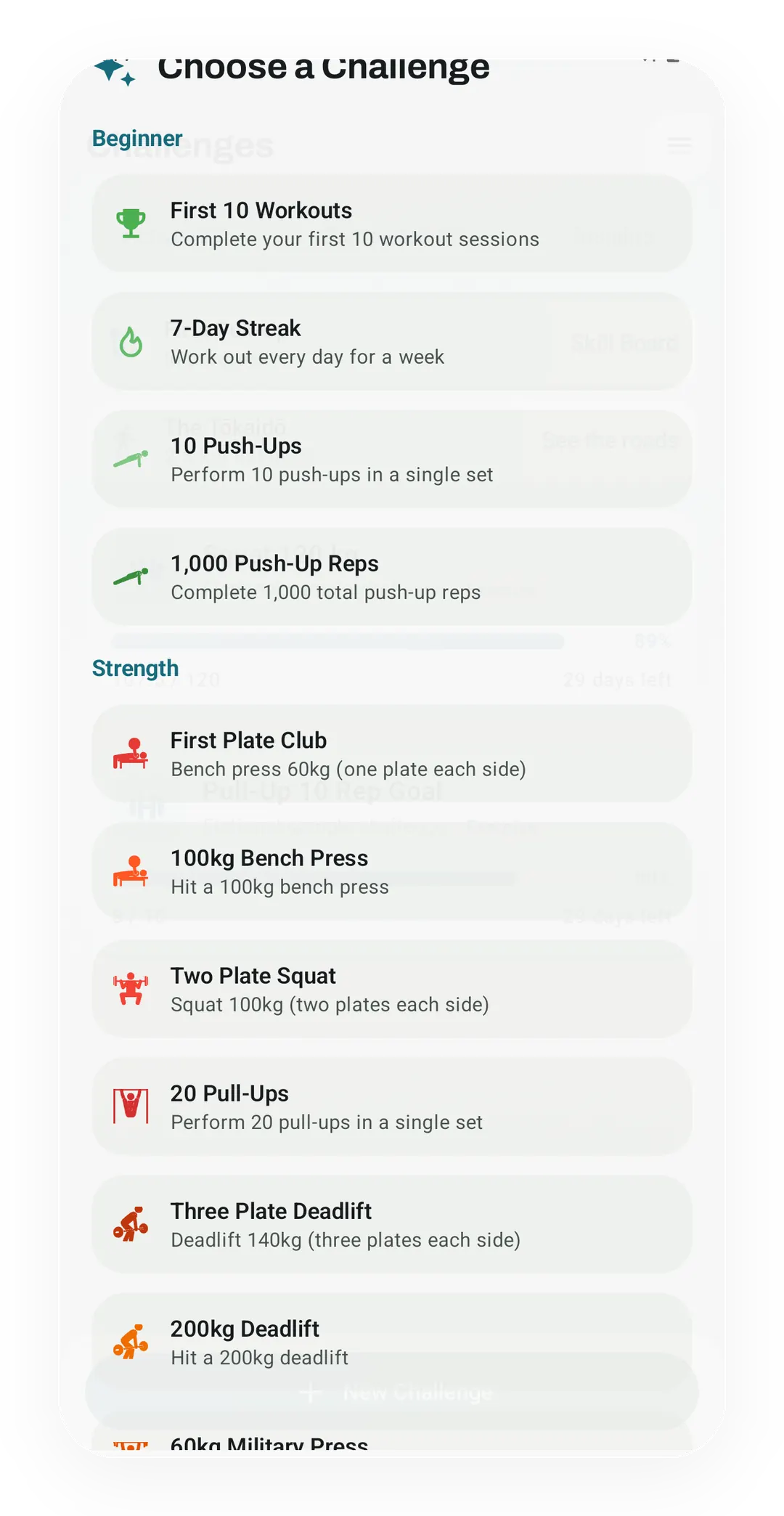 Choose a Challenge sheet with Beginner templates like First 10 Workouts and 7-Day Streak, and Strength ones like First Plate Club and Two Plate Squat.