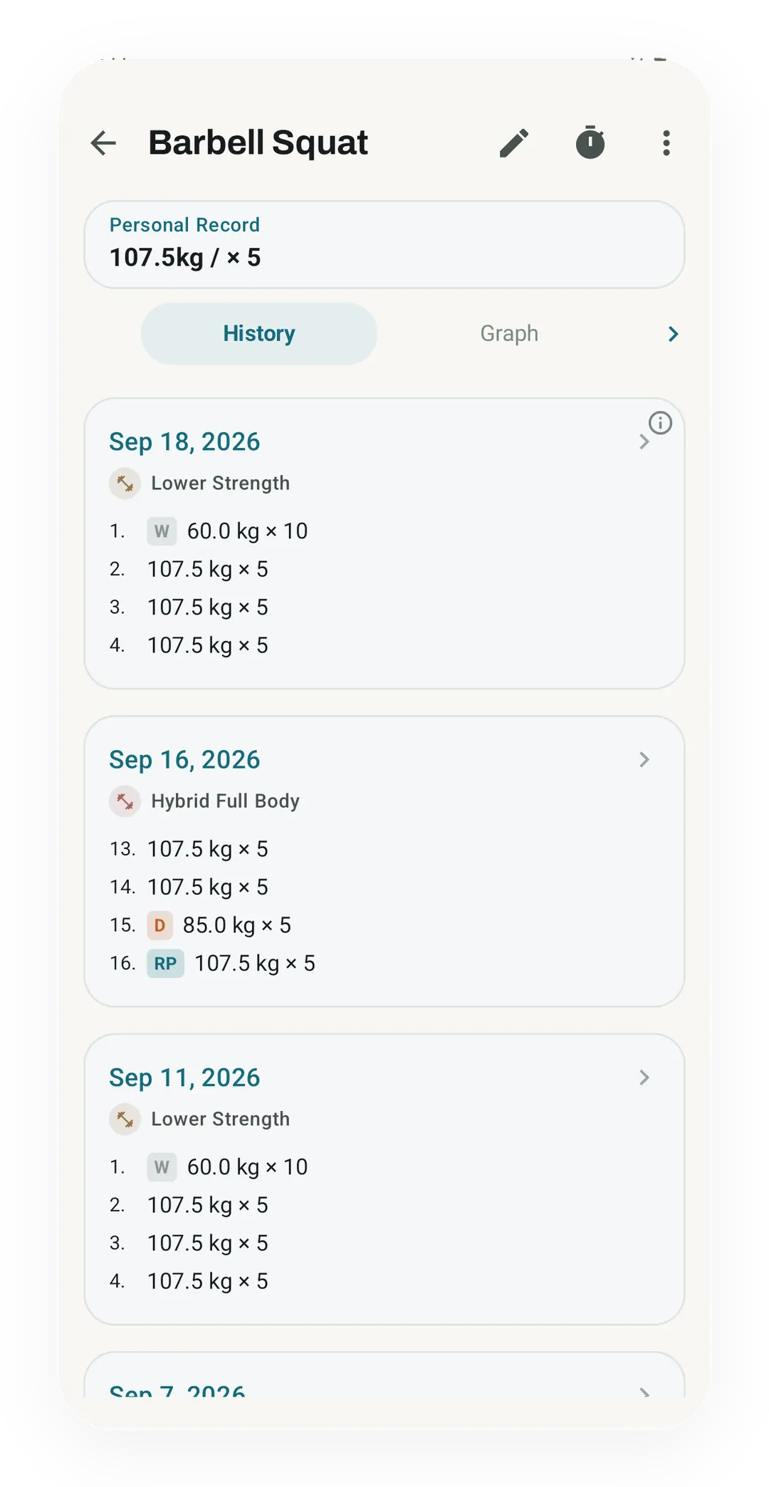 Barbell Squat History tab with a 107.5 kg x 5 personal record and sessions from Sep 18, 16 and 11, 2026, with warm-up, drop and rest-pause sets tagged