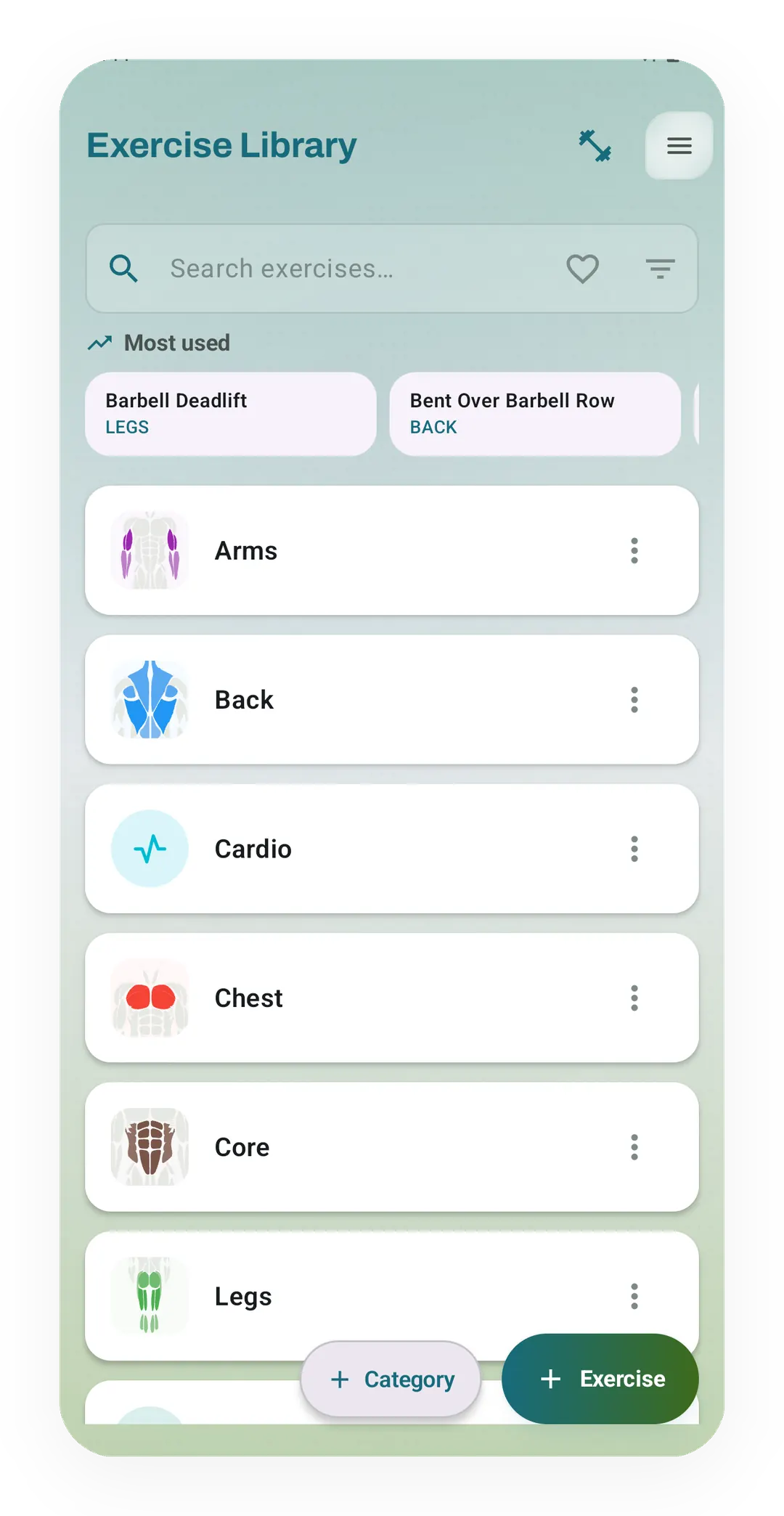 Exercise Library with a search bar, Most used chips for Barbell Deadlift and Bent Over Barbell Row, and categories from Arms to Legs.