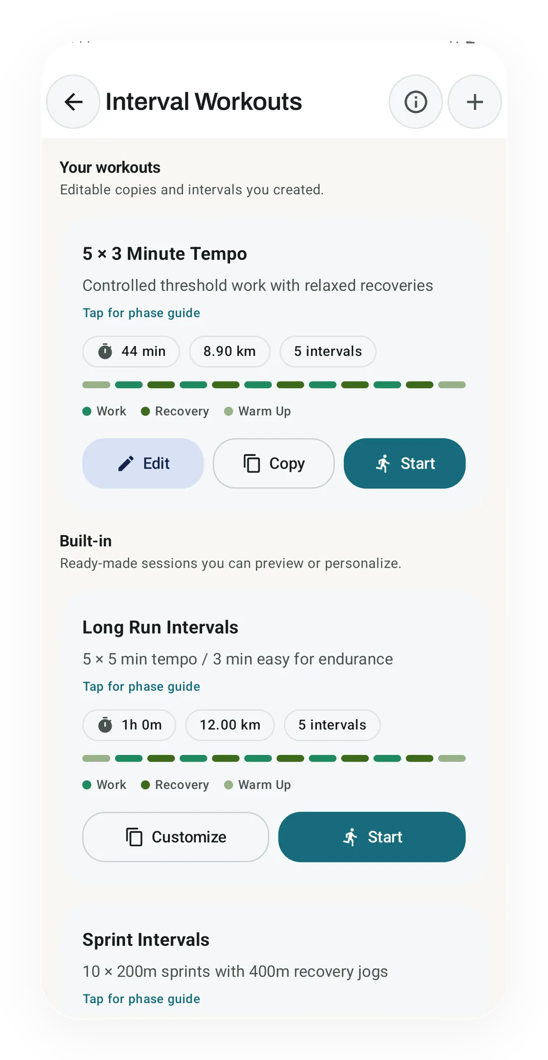 Interval Workouts library with your 5 × 3 Minute Tempo (44 min, 8.90 km, 5 intervals) above the built-in Long Run Intervals and Sprint Intervals.